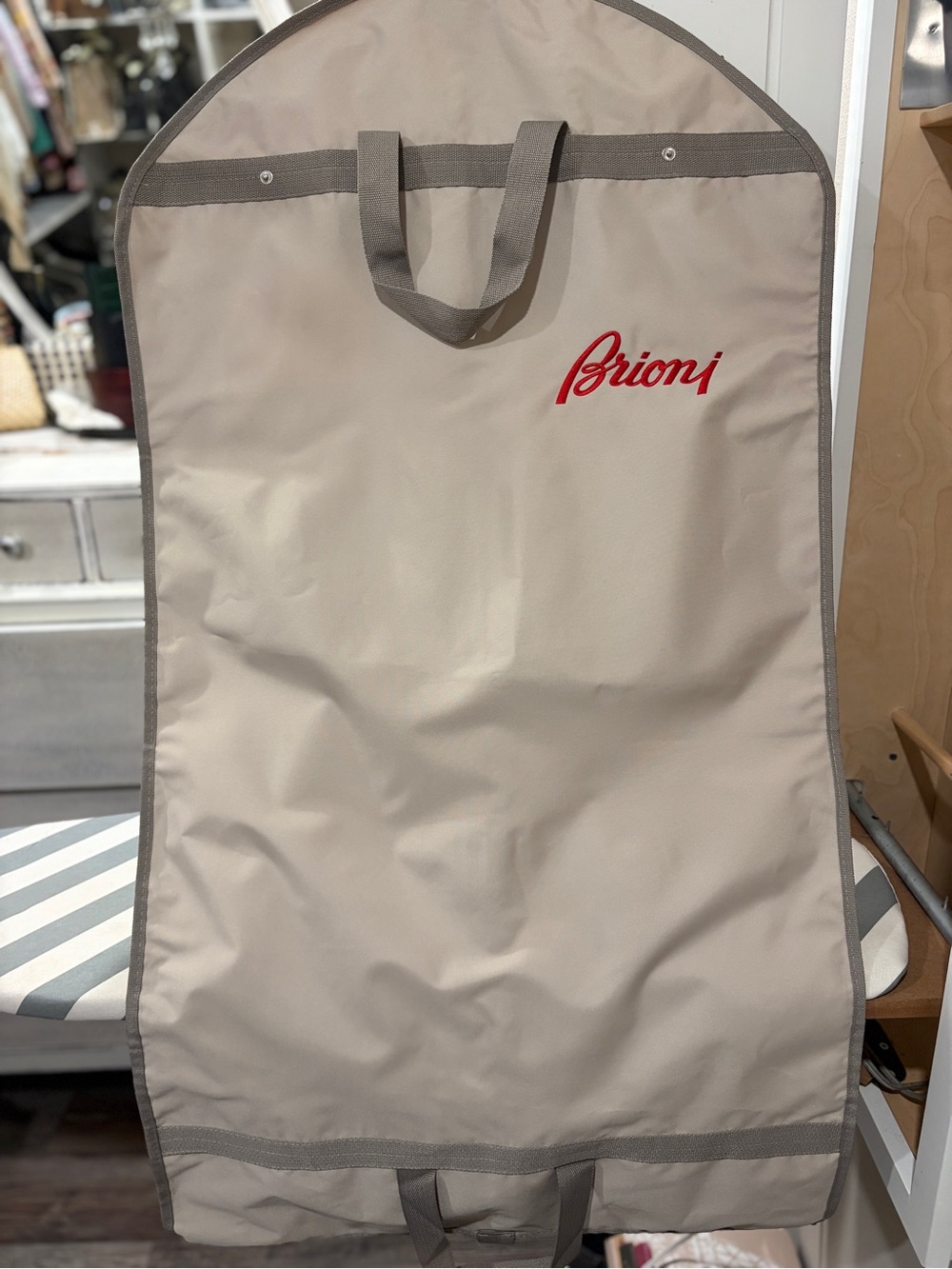 Brioni Beige and Gray Garment Bag with Red Logo